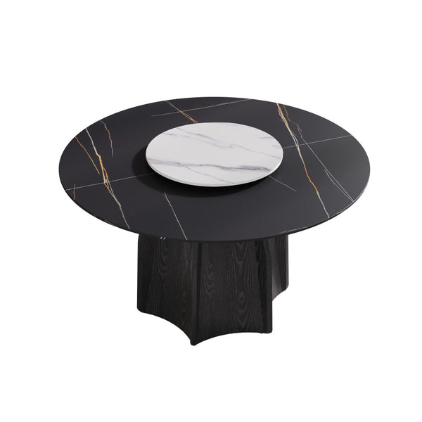 English Elm 53" Round Sintered Stone Dining Table Brass Base Lazy Susan Seats Six Modern W1535S00742
