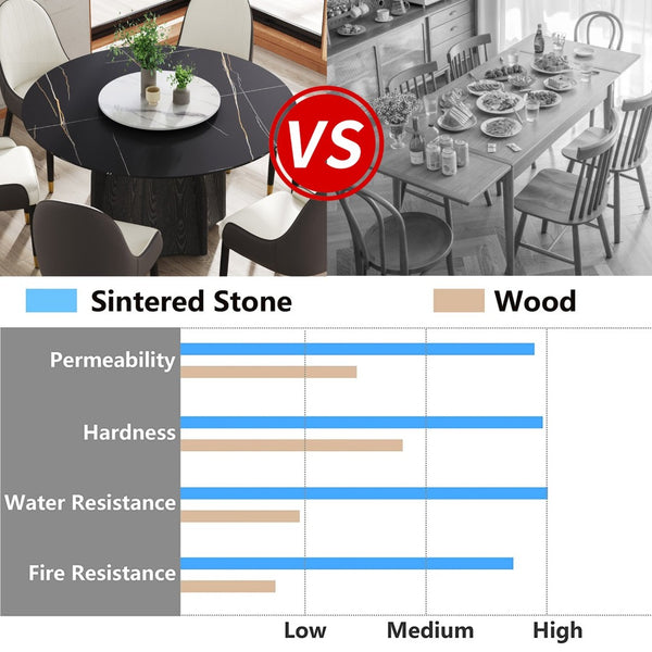 English Elm 53" Round Sintered Stone Dining Table Brass Base Lazy Susan Seats Six Modern W1535S00742