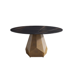 English Elm 59.05 Round Sintered Stone Dining Table Brass Base Seats Eight Mid-Century Modern W1535S00744