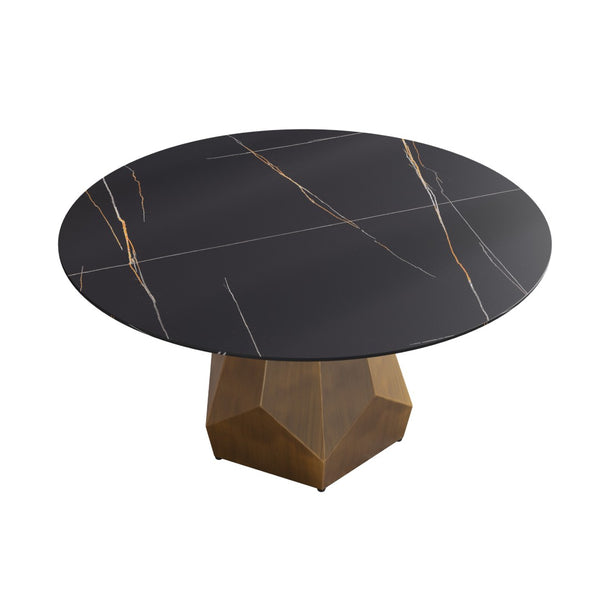 English Elm 59.05 Round Sintered Stone Dining Table Brass Base Seats Eight Mid-Century Modern W1535S00744