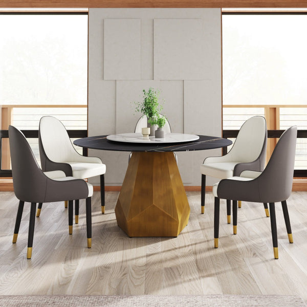 English Elm 53" Round Sintered Stone Dining Table Brass Base Lazy Susan Seats Six Modern W1535S00745
