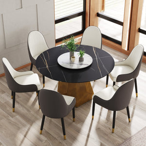 English Elm 53" Round Sintered Stone Dining Table Brass Base Lazy Susan Seats Six Modern W1535S00745