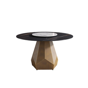 English Elm 53" Round Sintered Stone Dining Table Brass Base Lazy Susan Seats Six Modern W1535S00745