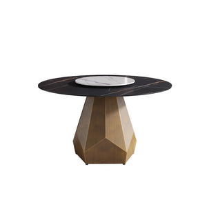English Elm 53 Inch Round Sintered Stone Table with Brass Metal Base and Built in Turntable W1535S00745