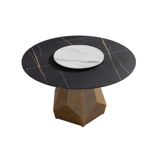 English Elm 53" Round Sintered Stone Dining Table Brass Base Lazy Susan Seats Six Modern W1535S00745