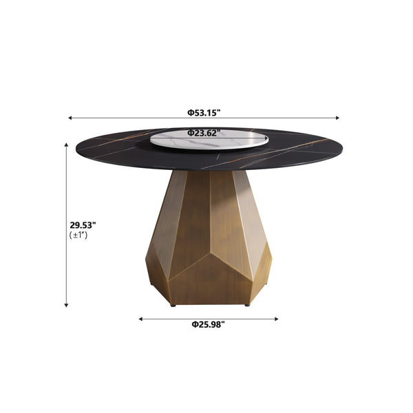 English Elm 53" Round Sintered Stone Dining Table Brass Base Lazy Susan Seats Six Modern W1535S00745