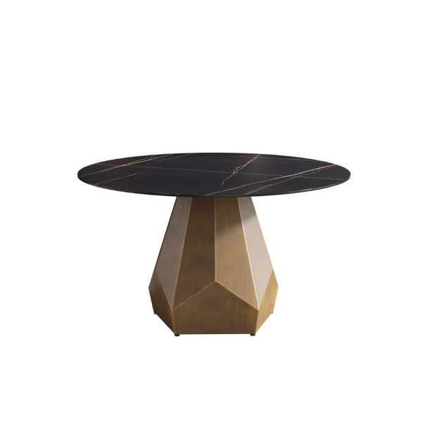 English Elm 53 Inch Round Sintered Stone Dining Table with Brass Metal Base Seats Six W1535S00746