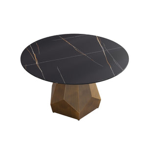 English Elm 53 Inch Round Sintered Stone Dining Table with Brass Metal Base Seats Six W1535S00746