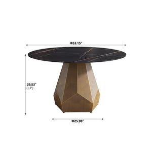 English Elm 53 Inch Round Sintered Stone Dining Table with Brass Metal Base Seats Six W1535S00746