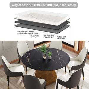 English Elm 53 Inch Round Sintered Stone Dining Table with Brass Metal Base Seats Six W1535S00746