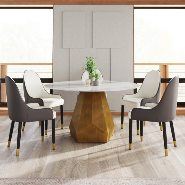 English Elm 53 Inch Round Sintered Stone Dining Table Brass Base Seats 6 Modern Kitchen W1535S00747