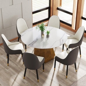 English Elm 53 Inch Round Sintered Stone Dining Table Brass Base Seats 6 Modern Kitchen W1535S00747