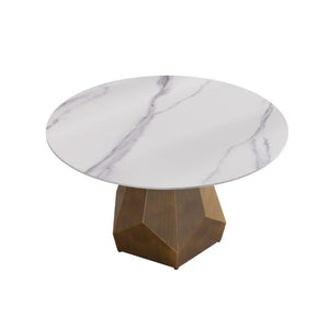 English Elm 53 Inch Round Sintered Stone Dining Table Brass Base Seats 6 Modern Kitchen W1535S00747
