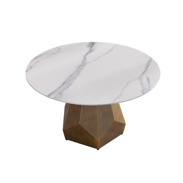 English Elm 53 Inch Round Sintered Stone Dining Table Brass Base Seats 6 Modern Kitchen W1535S00747