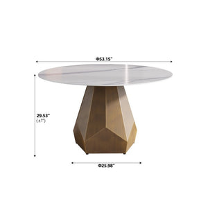 English Elm 53 Inch Round Sintered Stone Dining Table Brass Base Seats 6 Modern Kitchen W1535S00747
