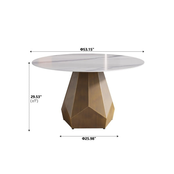 English Elm 53 Inch Round Sintered Stone Dining Table Brass Base Seats 6 Modern Kitchen W1535S00747