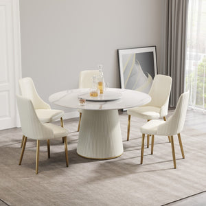 English Elm 53" Round Sintered Stone Dining Table Brass Base Lazy Susan Seats Six Modern W1535S00748