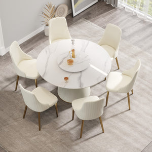 English Elm 53" Round Sintered Stone Dining Table Brass Base Lazy Susan Seats Six Modern W1535S00748