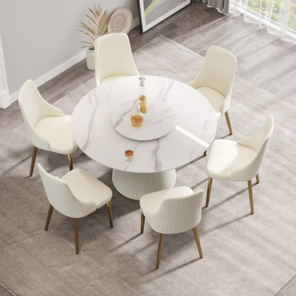 English Elm 53.15 Round Sintered Stone Dining Table Seats 6 with Lazy Susan Pedestal Base W1535S00748