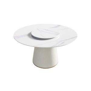 English Elm 53" Round Sintered Stone Dining Table Brass Base Lazy Susan Seats Six Modern W1535S00748