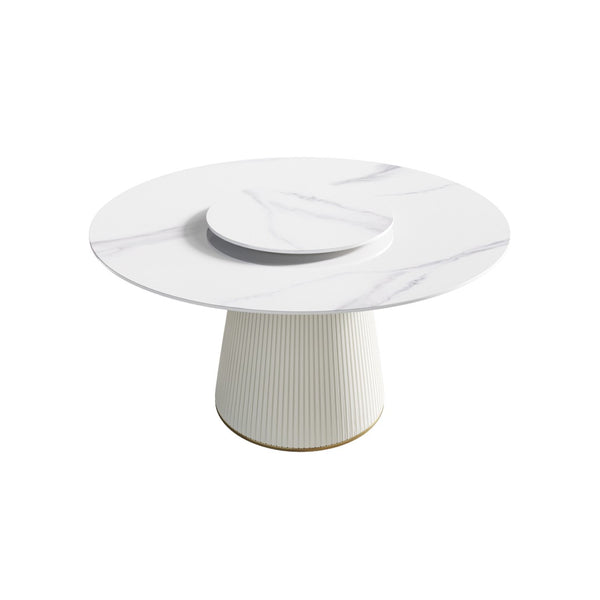English Elm 53" Round Sintered Stone Dining Table Brass Base Lazy Susan Seats Six Modern W1535S00748
