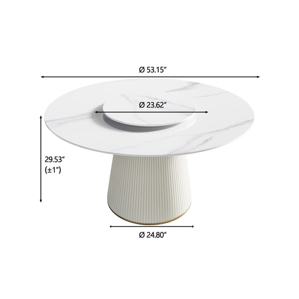 English Elm 53" Round Sintered Stone Dining Table Brass Base Lazy Susan Seats Six Modern W1535S00748