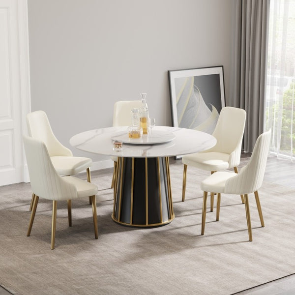 English Elm 53.15Modern Sintered Stone Round Dining Table Seats 6 with Built-In Lazy Susan Turntable W1535S00749
