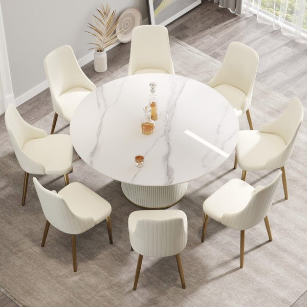 English Elm 59.05 Inch Round Sintered Stone Dining Table Seats 8 with Sculptural PU Base W1535S00750