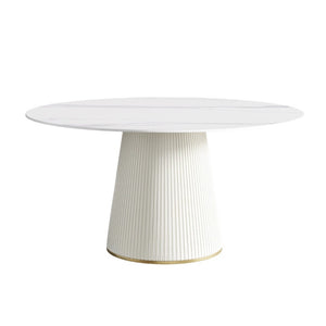 English Elm 59.05 Inch Round Sintered Stone Dining Table Seats 8 with Sculptural PU Base W1535S00750