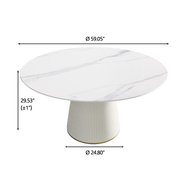 English Elm 59.05 Inch Round Sintered Stone Dining Table Seats 8 with Sculptural PU Base W1535S00750