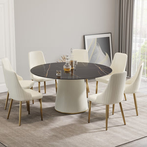 English Elm 59.05 Inch Round Sintered Stone Dining Table Sculptural Pedestal Base Seats Eight W1535S00751
