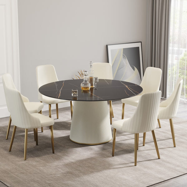 English Elm 59.05 Inch Round Sintered Stone Dining Table Sculptural Pedestal Base Seats Eight W1535S00751