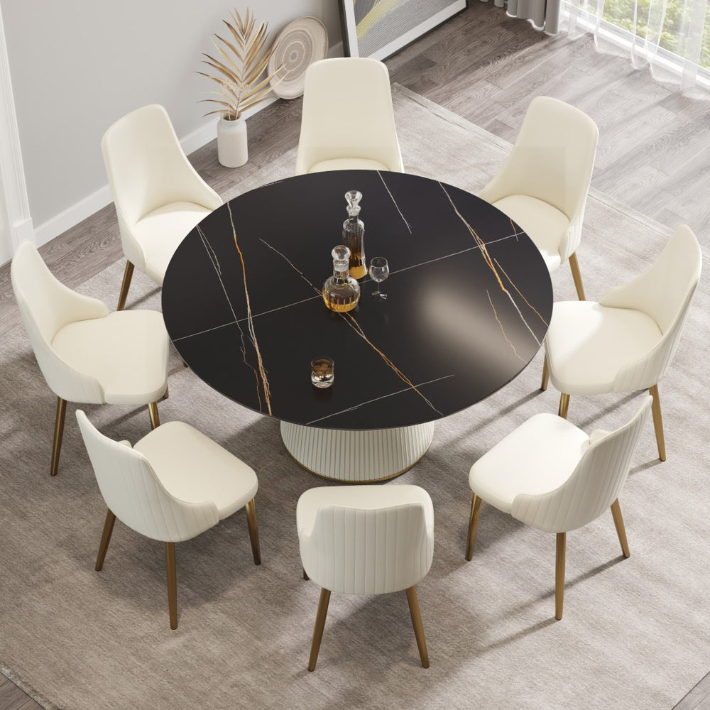 English Elm 59.05 Inch Round Sintered Stone Dining Table Sculptural Pedestal Base Seats Eight W1535S00751
