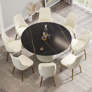 English Elm 59.05 Inch Round Sintered Stone Dining Table Sculptural Pedestal Base Seats Eight W1535S00751