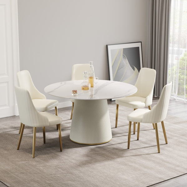 English Elm 53" Round Sintered Stone Dining Table Brass Base Lazy Susan Seats Six Modern W1535S00752