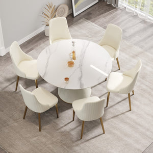 English Elm 53" Round Sintered Stone Dining Table Brass Base Lazy Susan Seats Six Modern W1535S00752