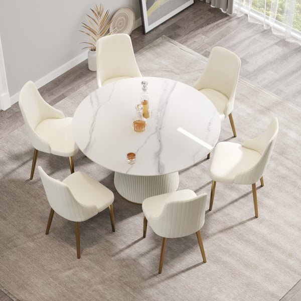 English Elm 53" Round Sintered Stone Dining Table Brass Base Lazy Susan Seats Six Modern W1535S00752