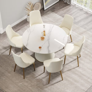 English Elm 53.15 Inch Round Sintered Stone Dining Table Seats Six with Sculptural Pedestal Base W1535S00752