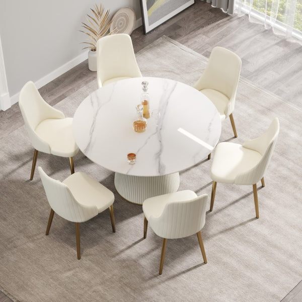 English Elm 53.15 Inch Round Sintered Stone Dining Table Seats Six with Sculptural Pedestal Base W1535S00752