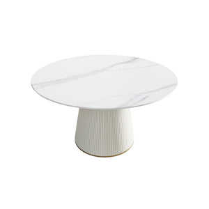 English Elm 53" Round Sintered Stone Dining Table Brass Base Lazy Susan Seats Six Modern W1535S00752