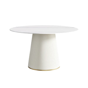 English Elm 53" Round Sintered Stone Dining Table Brass Base Lazy Susan Seats Six Modern W1535S00752