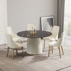 English Elm 53.15 Inch Matte Black Sintered Stone Round Table Seats Six on Sculpted PU Pedestal W1535S00753