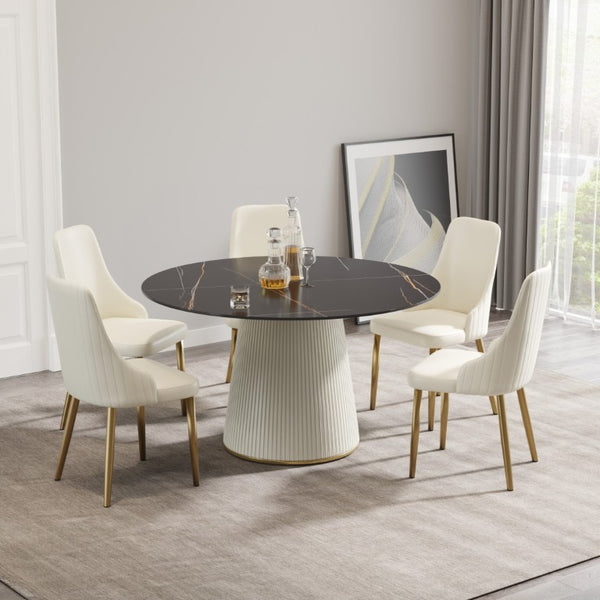 English Elm 53.15 Inch Matte Black Sintered Stone Round Table Seats Six on Sculpted PU Pedestal W1535S00753