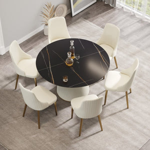 English Elm 53.15 Inch Matte Black Sintered Stone Round Table Seats Six on Sculpted PU Pedestal W1535S00753