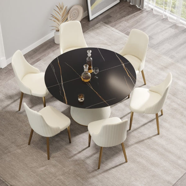 English Elm 53.15 Inch Matte Black Sintered Stone Round Table Seats Six on Sculpted PU Pedestal W1535S00753