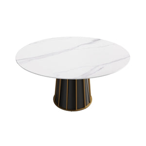 English Elm 59.05Modern Sintered Stone Round Dining Table Seating 8 Black Iron Pedestal Base W1535S00754