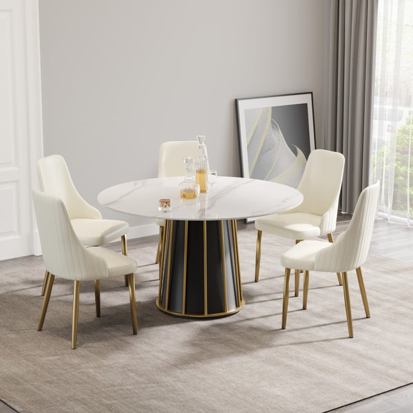 English Elm 53" Round Sintered Stone Dining Table Brass Base Lazy Susan Seats Six Modern W1535S00755