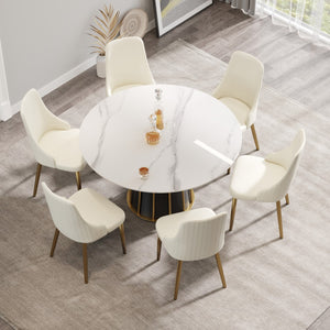 English Elm 53" Round Sintered Stone Dining Table Brass Base Lazy Susan Seats Six Modern W1535S00755