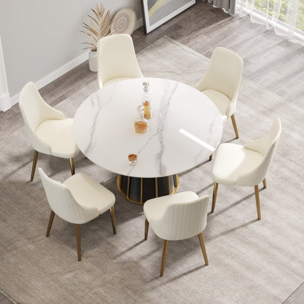 English Elm 53" Round Sintered Stone Dining Table Brass Base Lazy Susan Seats Six Modern W1535S00755