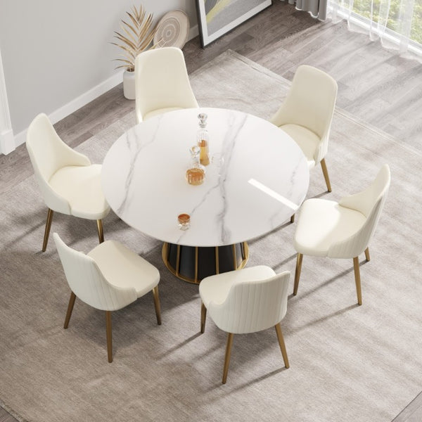 English Elm 53.15Modern Sintered Stone Round Dining Table Seats Six with Sculptural Iron Pedestal Base W1535S00755